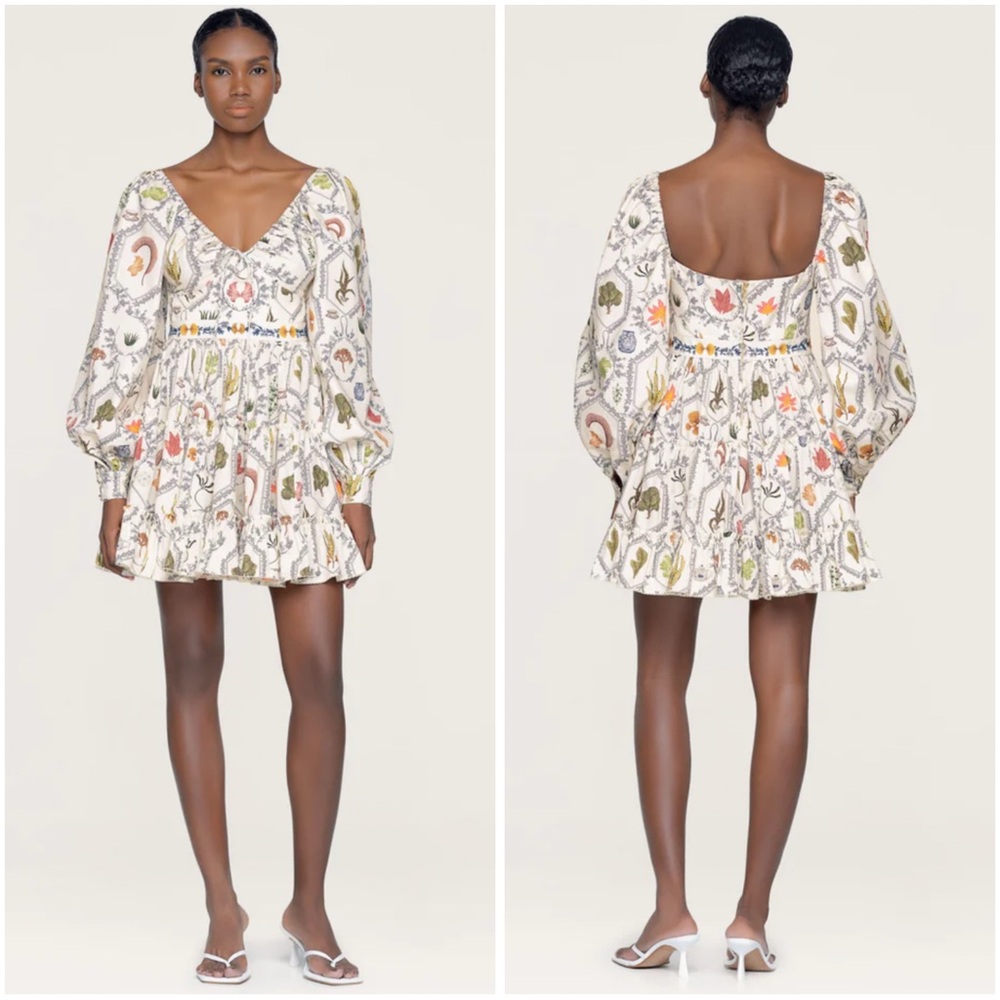 AGUA BY AGUA BENDITA HONOR ENCAJE WHITE LEAF PLANT PRINT LONG SLEEVE MINI DRESS - Picture 16 of 17